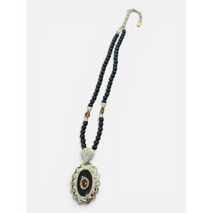1928 Jewelry Gothic Black Cameo Necklace Amber Rhinestone 18”